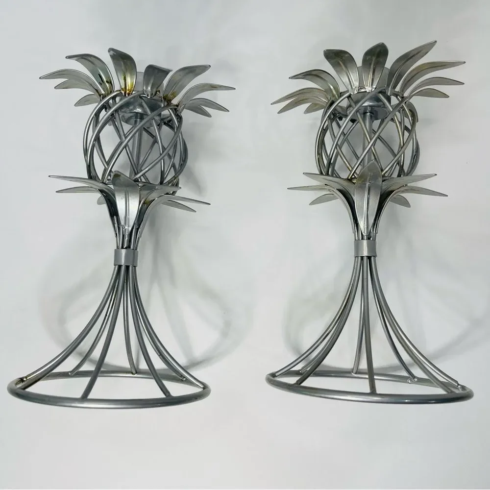 Pineapple Shape Metal Candle Sticks Holders Hawaiian Tropical Coastal Set of 2